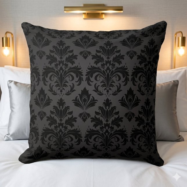 Elegant Damask black on charcoal Throw Pillow (Creator Uploaded)