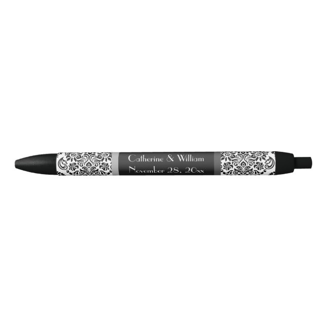 Elegant Damask Black Pattern Wedding Bride Groom Black Ink Pen (Front)