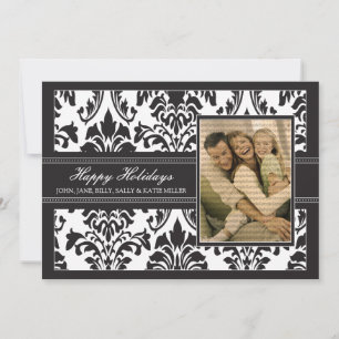 Elegant Damask Black & White 5x7 Happy Holidays Holiday Card
