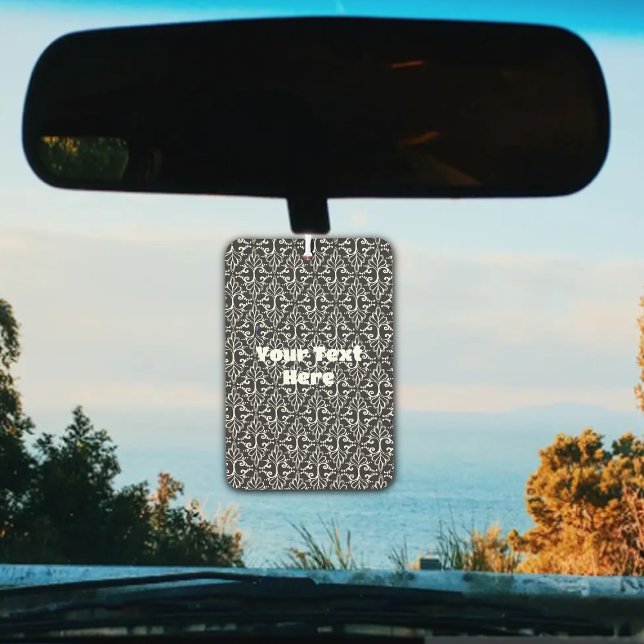 Elegant Damask Black White Pattern Scrolls Car Air Freshener (Elegant black white damask pattern with fancy scrolls on car air freshener.)