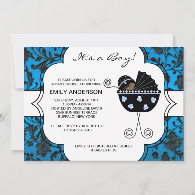 Elegant Damask Blue Black Baby Boy Shower Invitation (Front)