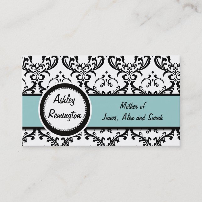 Elegant Damask Blue Mummy Calling Cards (Front)
