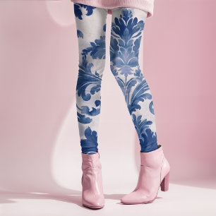 Elegant damask Blue toile de jouy Leggings