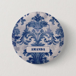 Elegant damask Blue toile de jouy monogram 6 Cm Round Badge