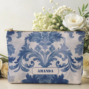 Elegant damask Blue toile de jouy monogram Accessory Pouch
