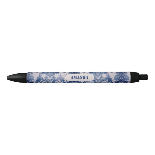 Elegant damask Blue toile de jouy monogram Black Ink Pen (Front)
