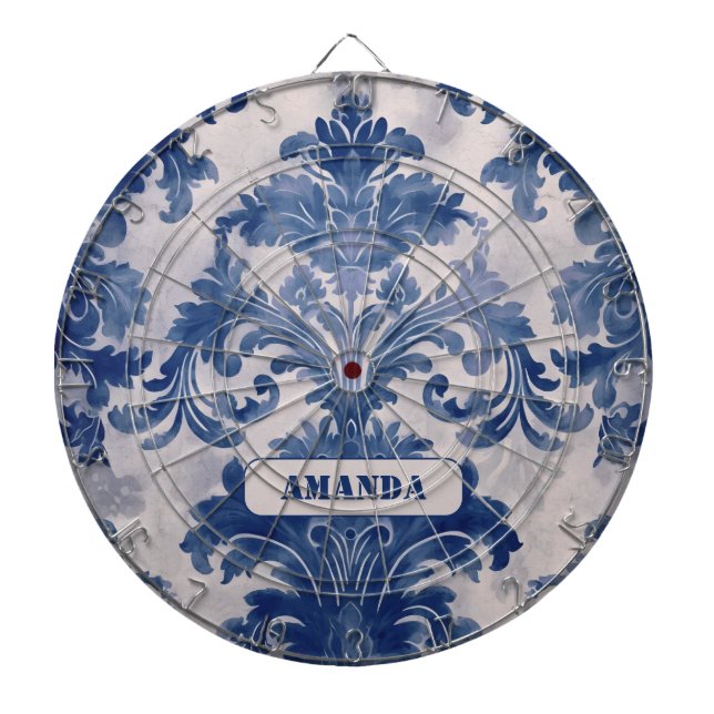 Elegant damask Blue toile de jouy monogram Dartboard (Front)