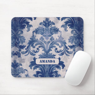 Elegant damask Blue toile de jouy monogram Mouse Mat