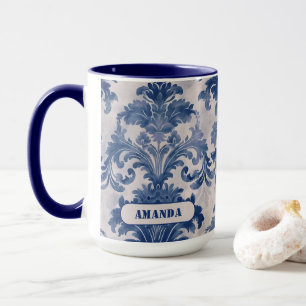 Elegant damask Blue toile de jouy monogram Mug