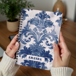 Elegant damask Blue toile de jouy monogram Notebook