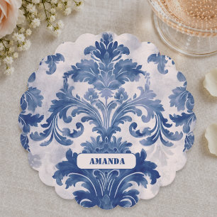 Elegant damask Blue toile de jouy monogram Paper Coaster