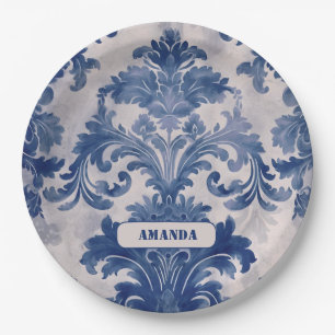 Elegant damask Blue toile de jouy monogram Paper Plate