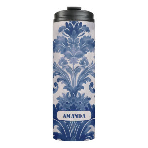 Elegant damask Blue toile de jouy monogram Thermal Tumbler