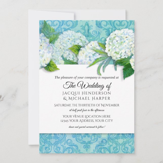 Elegant Damask Blue White Hydrangea Floral Wedding Invitation (Front)