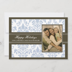 Elegant Damask Brown & Blue 5x7 Happy Holidays Holiday Card