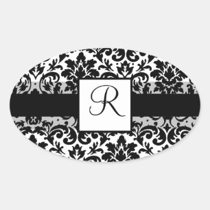Elegant damask calligraphy design oval sticker