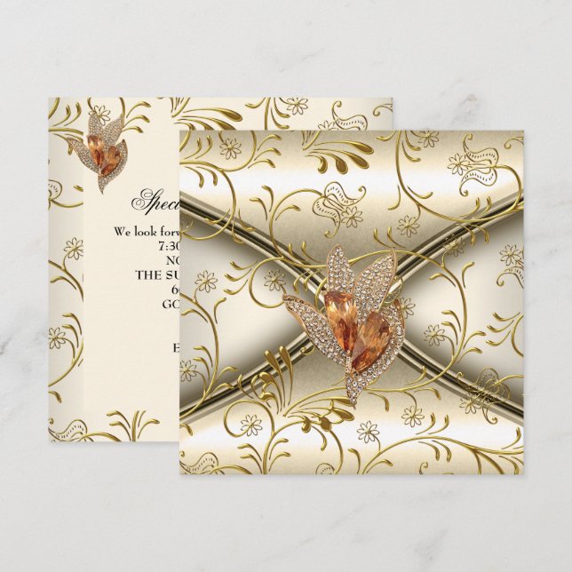 Elegant Damask Caramel Cream Beige Gold Invitation (Front/Back)