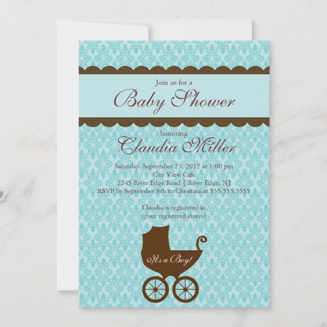 Elegant Damask Carriage Boy Baby Shower Invitation (Front)