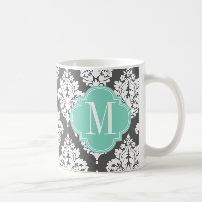 Elegant Damask Charcoal & Aqua Custom Monogrammed Coffee Mug (Right)