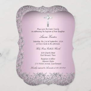 Elegant Damask & Cross Pink Baptism/Christening 2 Invitation