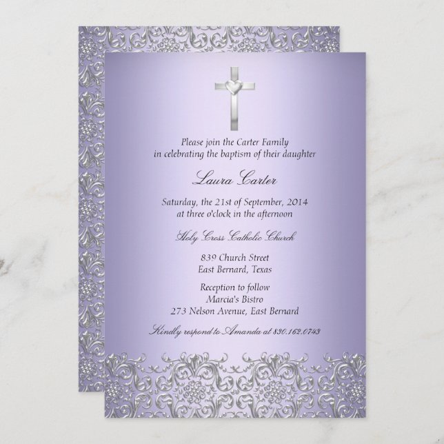 Elegant Damask Cross Purple Baptism/Christening Invitation (Front/Back)