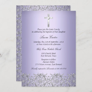 Elegant Damask Cross Purple Baptism/Christening Invitation