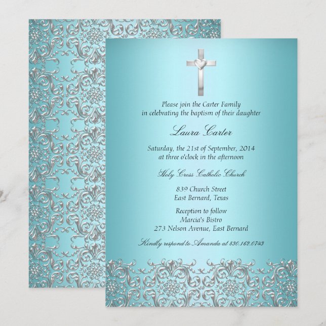 Elegant Damask & Cross Teal Baptism/Christening Invitation (Front/Back)