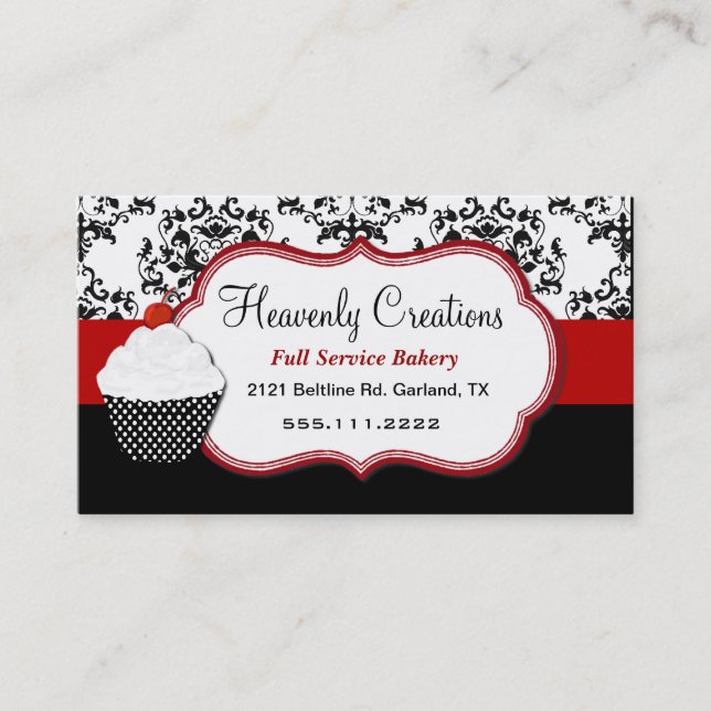 Elegant Damask Cupcake Bakery Business Card (Front)