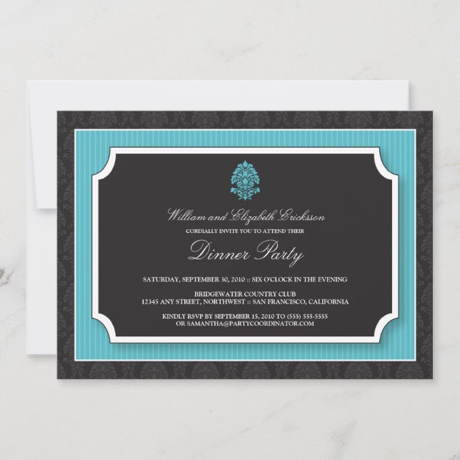 Elegant Damask Dinner Party Invitation (aqua) (Front)