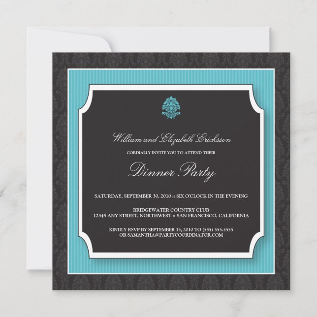 Elegant Damask Dinner Party Invitation (aqua) (Front)