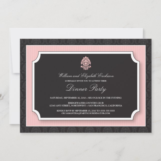 Elegant Damask Dinner Party Invitation (pink) (Front)