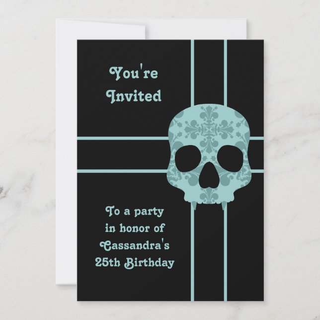 Elegant damask fanged skull birthday party invitation (Front)