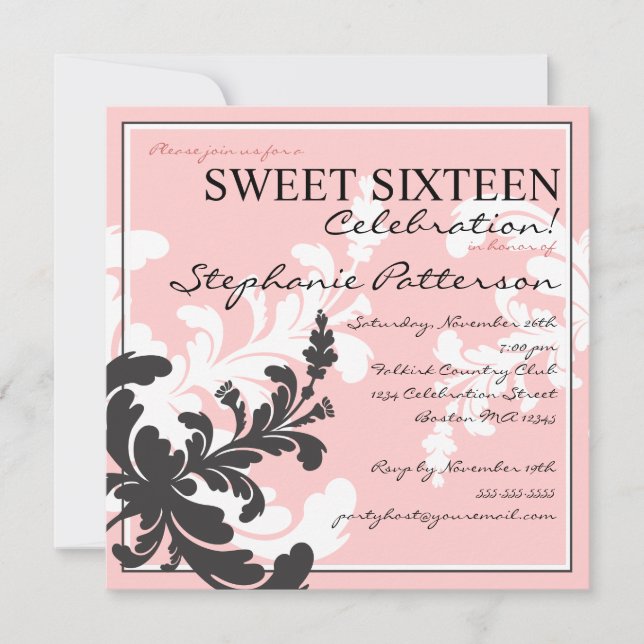 Elegant Damask Floral Sweet Sixteen Invitation (Front)