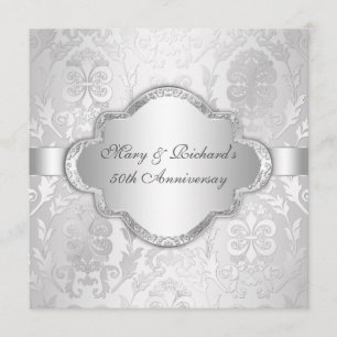 Elegant Damask Floral Swirl Silve 25th Anniversary Invitation