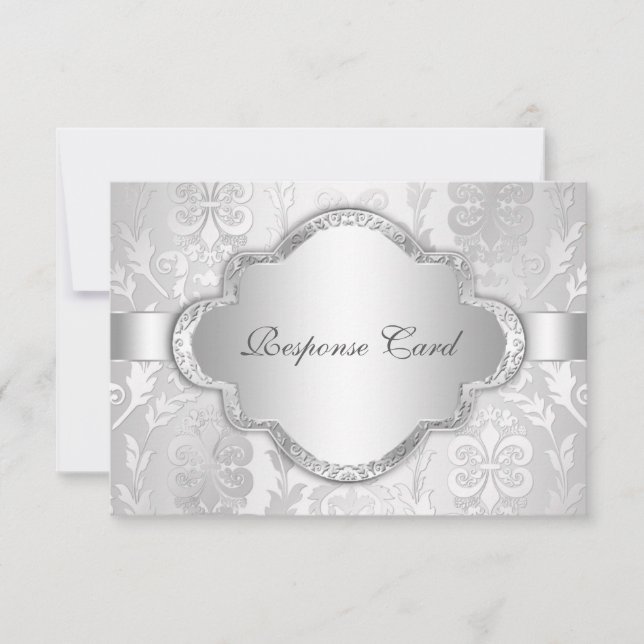 Elegant Damask Floral Swirl Silver RSVP (Front)