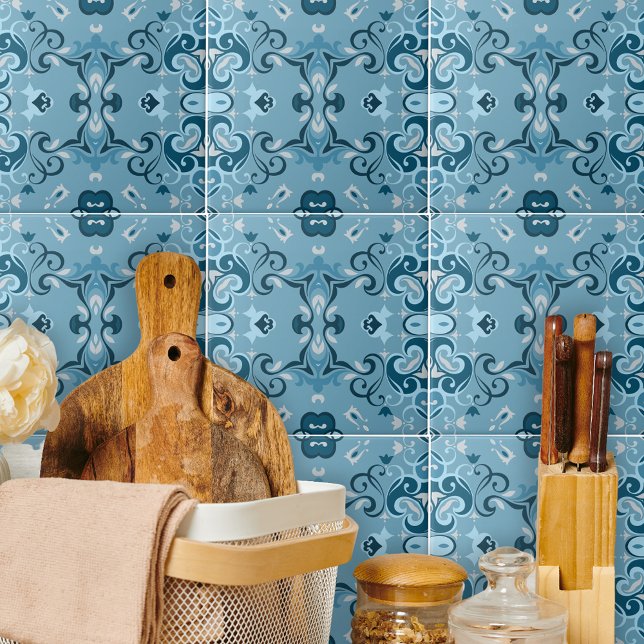 Elegant Damask Frosty Blue Winter Mosaic Pattern Tile (Creator Uploaded)