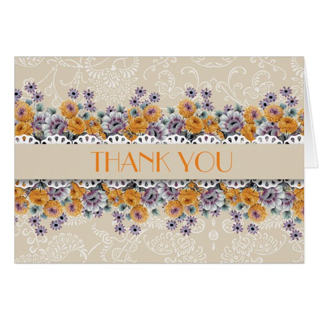 Elegant Damask Garden Flowers Beige Thank you card (Front Horizontal)