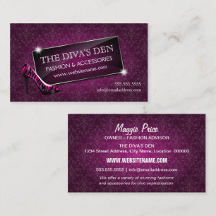 Elegant Damask Glass Jewel and Zebra Stiletto Business Card