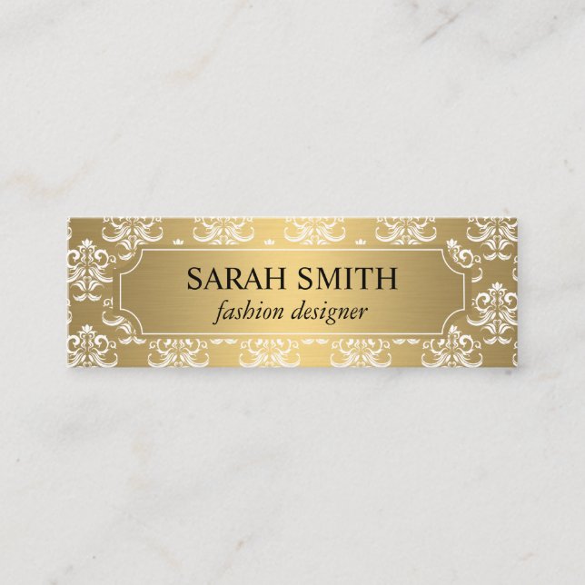 Elegant Damask / Gold Metallic Mini Business Card (Front)