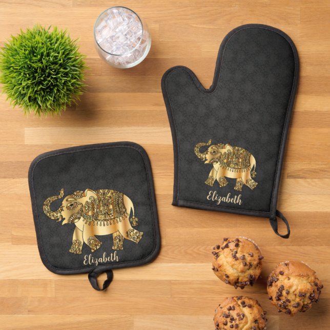 Elegant  Damask Gold Paisley Elephant Oven Mitt & Pot Holder Set (Top Down)