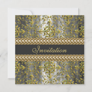 Elegant Damask Gold Silver Grey Party Invite