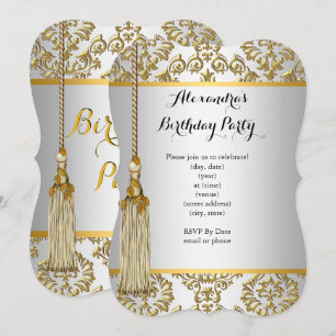 Elegant Damask Gold Silver White Birthday Party Invitation