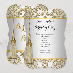 Elegant Damask Gold Silver White Birthday Party Invitation