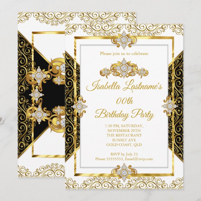 Elegant Damask Gold White Diamond Birthday Party Invitation (Front/Back)