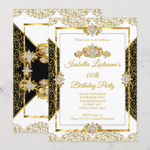 Elegant Damask Gold White Diamond Birthday Party Invitation