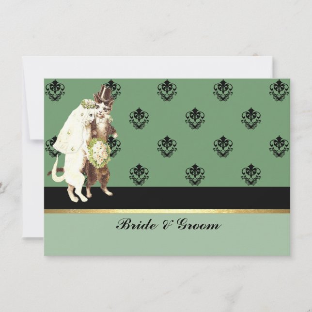 Elegant Damask Green Cats Wedding Set Invitation (Front)