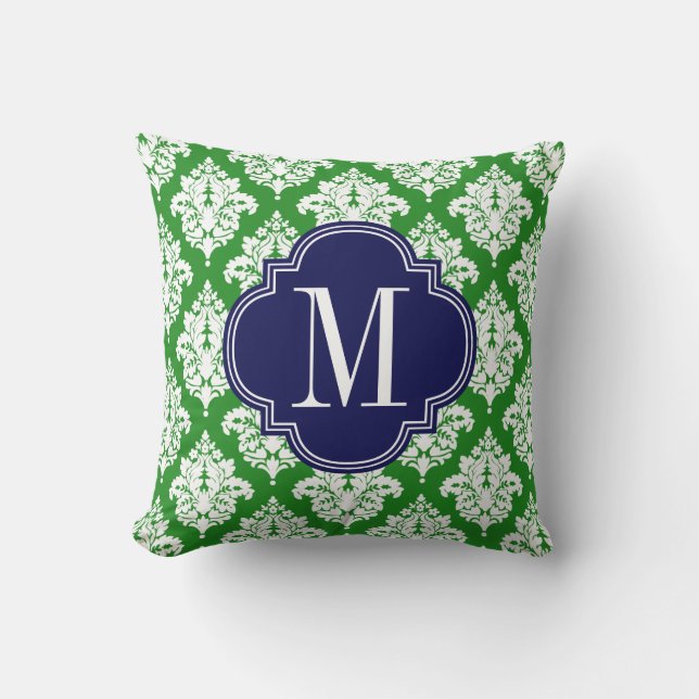 Elegant Damask Green & Navy Custom Monogrammed Cushion (Front)