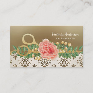 Elegant Damask Hairdresser Vintage Rose Scissors Business Card