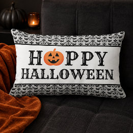 Elegant Damask Happy Halloween Orange Pumpkin Lumbar Cushion