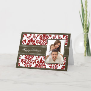 Elegant Damask Happy Holidays Card (brown/red)